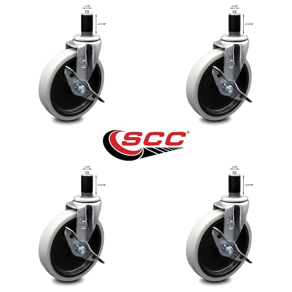 5 Inch Thermoplastic Wheel 1-1/2 Inch Expanding Stem Caster with Brakes, 4PK